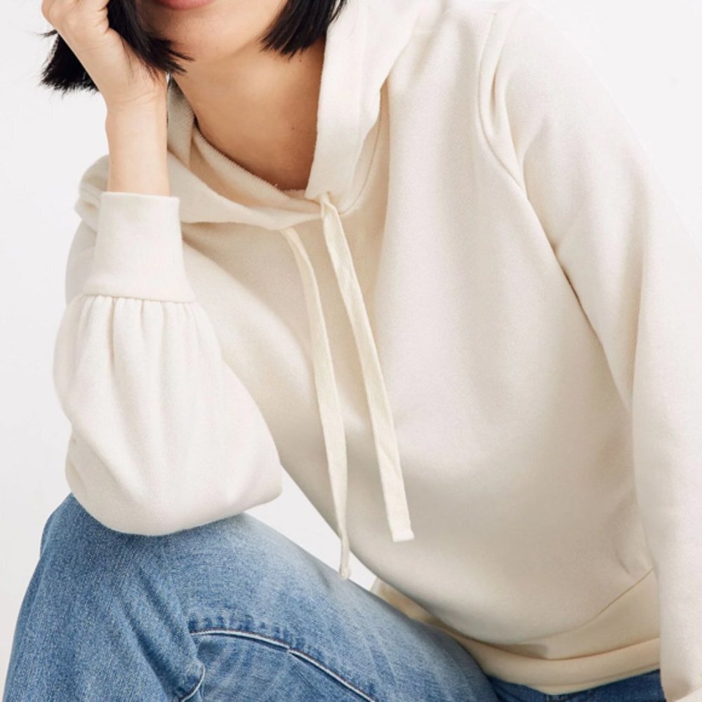 Madewell Cream Bubble-Sleeve Hoodie Crop Sweatshirt M NWT
